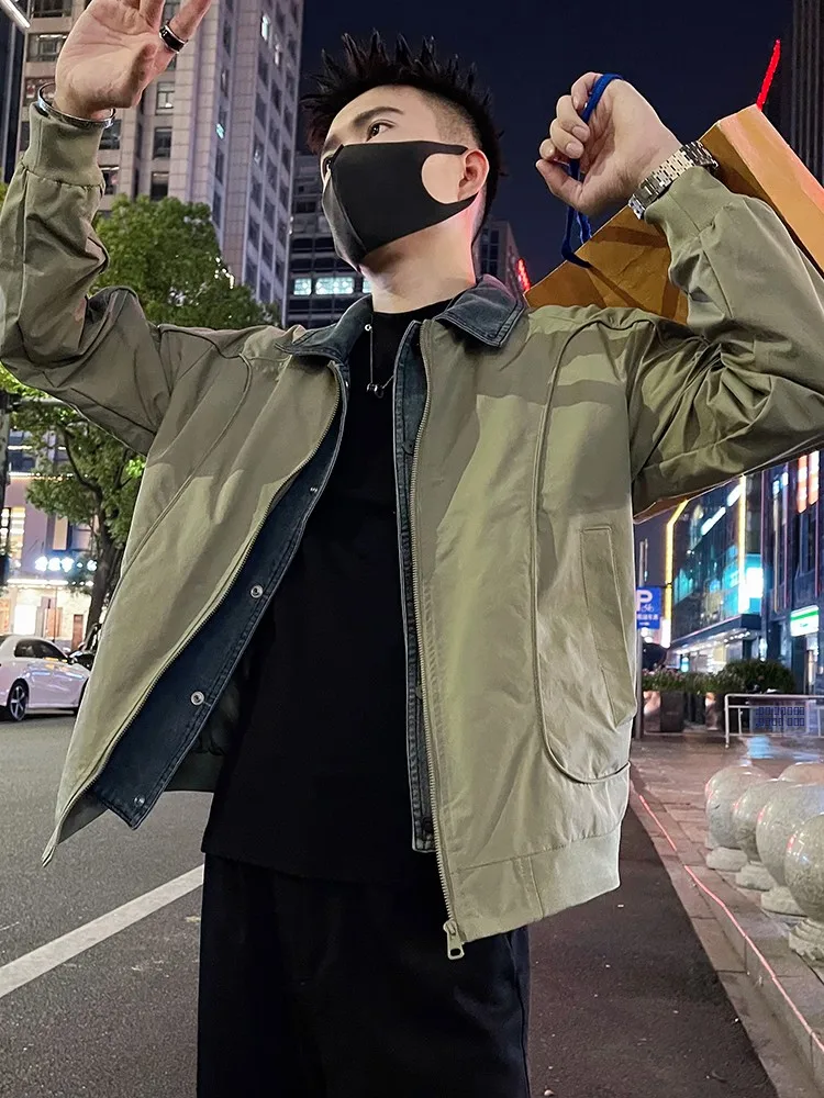 

Premium Feel Patchwork Denim Jaet Men's Trendy Brand Fake Two-Piece Spring Autumn Casual Jaet Zipper Decorated Polyester ...