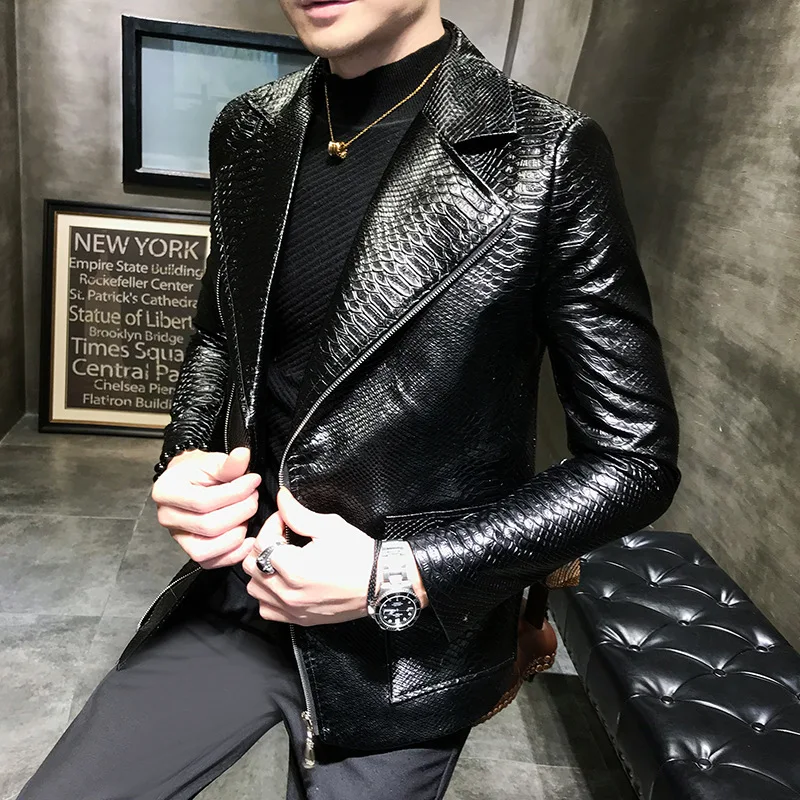 New Crocodile Patterns Leather Jacket men\'s solid lapel Slim Fit PU Coats Casual Blazer Leather Jacket Motorcycle  Outwear