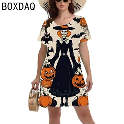 Damska sukienka Horror na imprezę Halloween 3D Horror Halloween Elemental Print Mini sukienka damska z krótkim rękawem O-Neck Casual Dresses