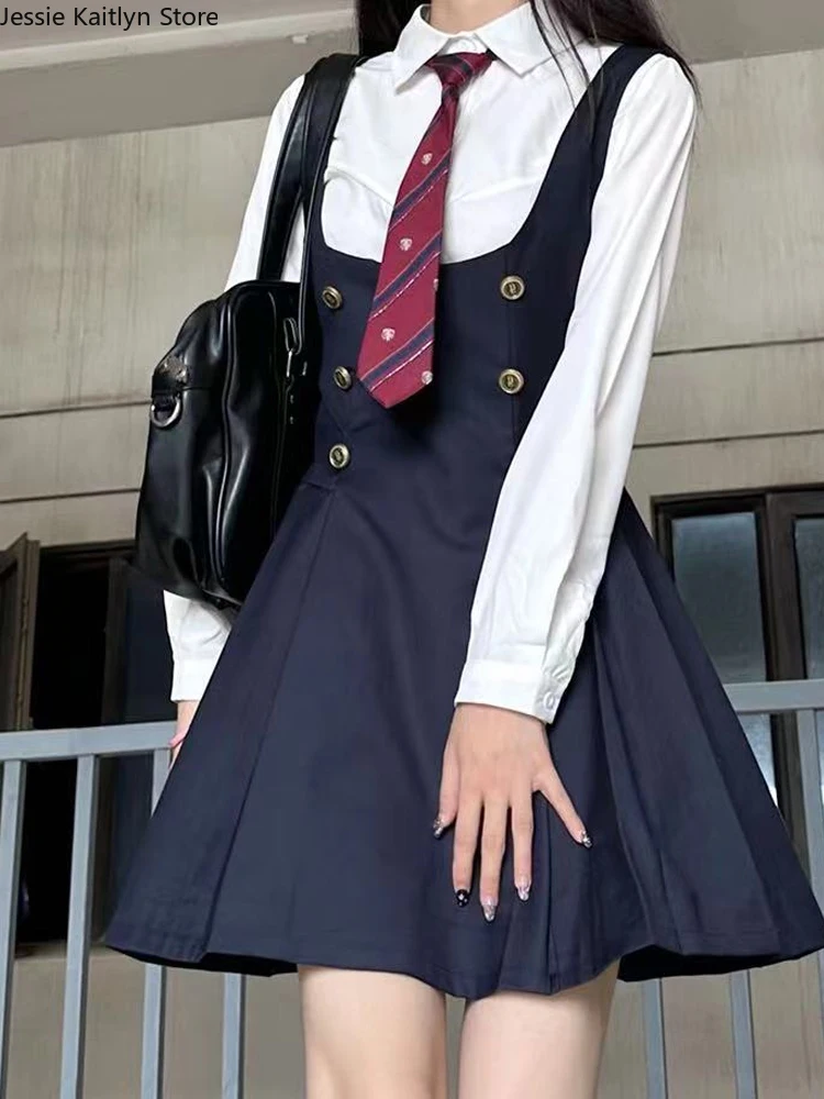 Japanese Kawaii School Uniform Women Korean Fashion College Student JK Uniform Autumn Long Sleeve Shirt and Strap Dress Sets New