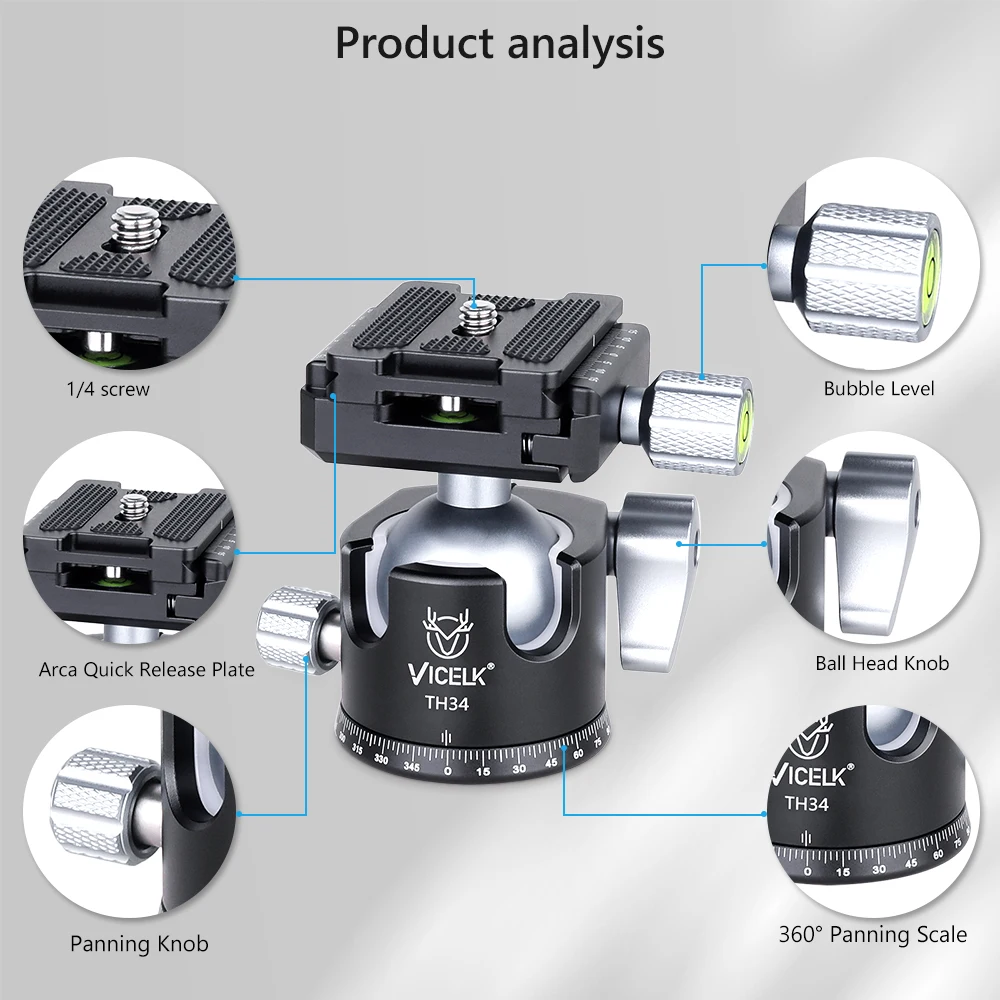 Vicelk TH28 TH34ขาตั้งสามขาแบบมืออาชีพหัวบอลศูนย์กลางแรงโน้มถ่วงต่ำ360พาโนรามา CNC ขนาด28/34มม. สำหรับขาตั้งกล้องโมโนพอดโหลด15กก.