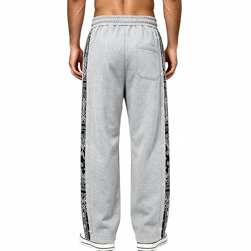 Men's Grey Paisley Side Snap Button Wide Leg Sweatpants, Elastic Waist With Drawstring, Streetwear Loose Trousers