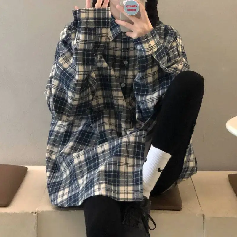 Awen Loose Oversized Plaid Shirts Korean Chic Checked Cardigan Blouses and Tops 2022 New Cotton Checked Lady Casual Outwear