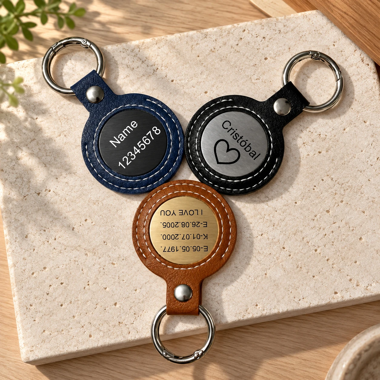 Personalized Keychain Custom Name Date Coordinates Text Engraved Stainless Steel Round Tag PU Leather Key Ring Anniversary Gifts