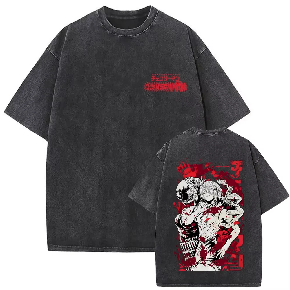 

Chainsaw Man Makima & Denji Blood Splatter Front and Back Print Acid Wash Oversized Black T Shirt 2026 Summer Anime Graphic Tee