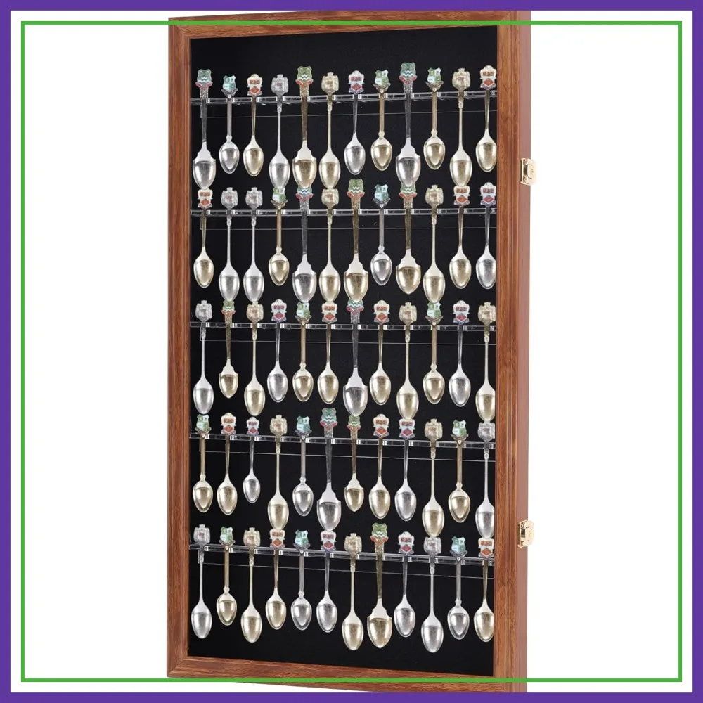 60 Slot Souvenir Spoon Display Case, Lockable Wall Cabinet with UV Protection, Walnut Finish