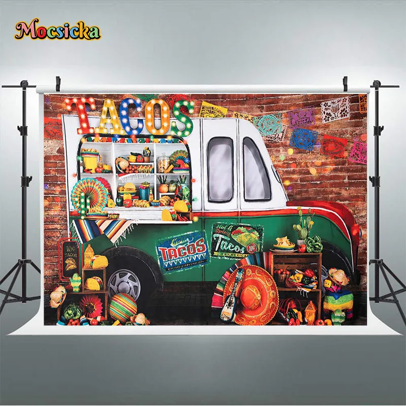 Mocsicka Mexican Tacos Photography Background Taco Car Colorful Hat Violin Party Decoration Backdrop Cake Smash Studio Props