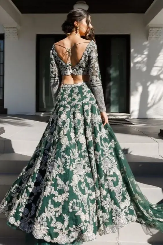 الزمرد الأخضر والذهب Lehenga فساتين الزفاف التقليدية كم طويل الهندي قطعتين الدانتيل فستان زفاف ارتداء rove de mariée