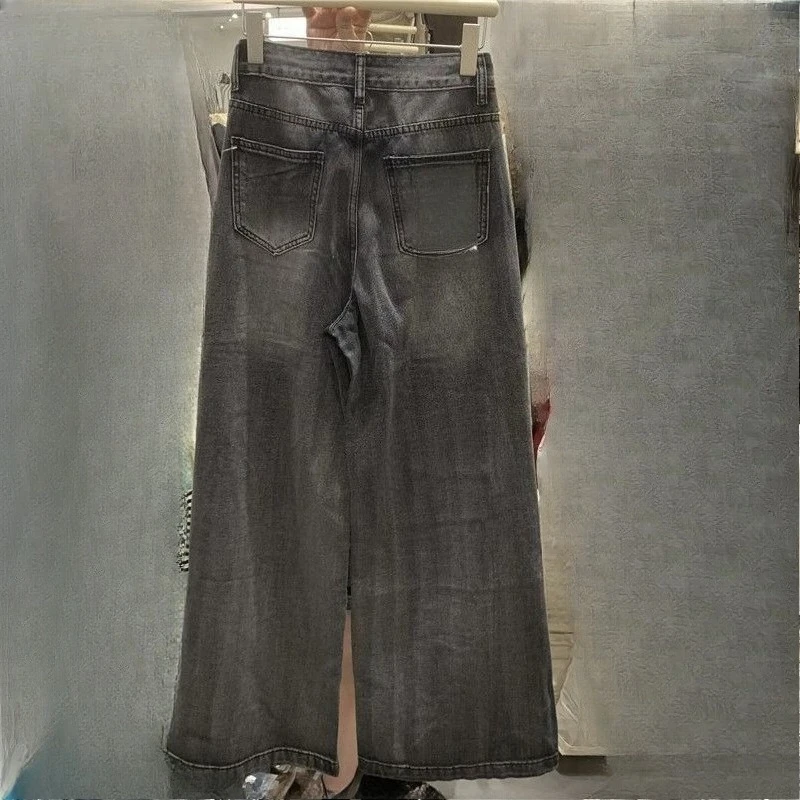 

Винтажные свободные широкие брюки со средней талией на пуговицах, эстетичная уличная одежда в стиле Харадзюку Y2k, джинсы с дырочками, шикарные джинсовые брюки с несколькими карманами, стирка