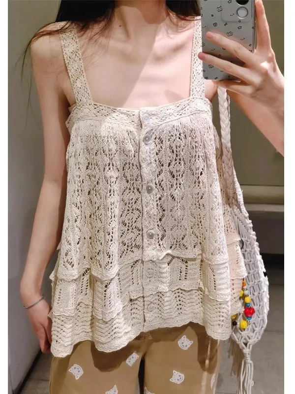 เสื้อสายเดี่ยวถักลายฉลุ แต่งขอบลูกไม้ ผ้าฝ้าย ทรงตรง ดีไซน์โปร่งสบาย สไตล์ลำลอง สำหรับผู้หญิง คอลเลคชั่นใหม่ ซัมเมอร์ 2025