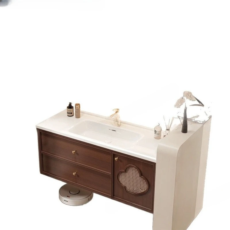 Song-style aesthetics French bathroom cabinet combination, antique oak bathroom washstand, ceramic integrated basin washbasin