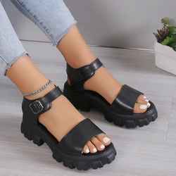 Women's Sandal 2024 High Quality New Summer Outdoors Thick Heel Buckle Solid Color Non-slip Casual Comfortable Sandals for Woman