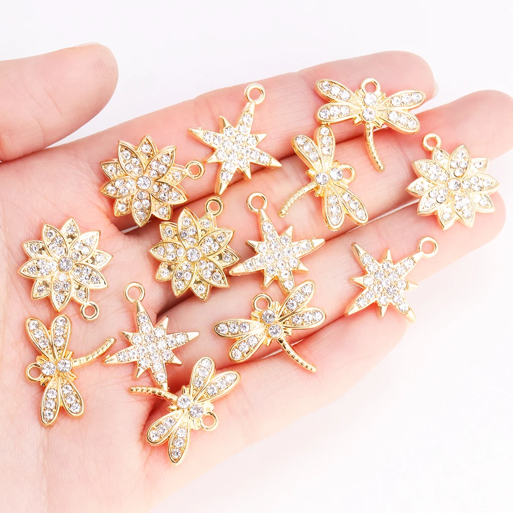 10Pcs Delicate Gold Color Zircon Flower Dragonfly Star Charms Pendants High Quality Diy Necklace Earrings Jewelry Accessories