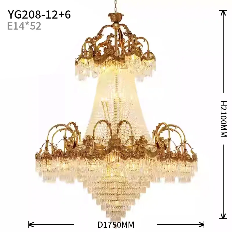 Lámpara colgante decorativa de boda de Hotel francés, candelabro de latón y cristal de lujo de gran tamaño de estilo europeo