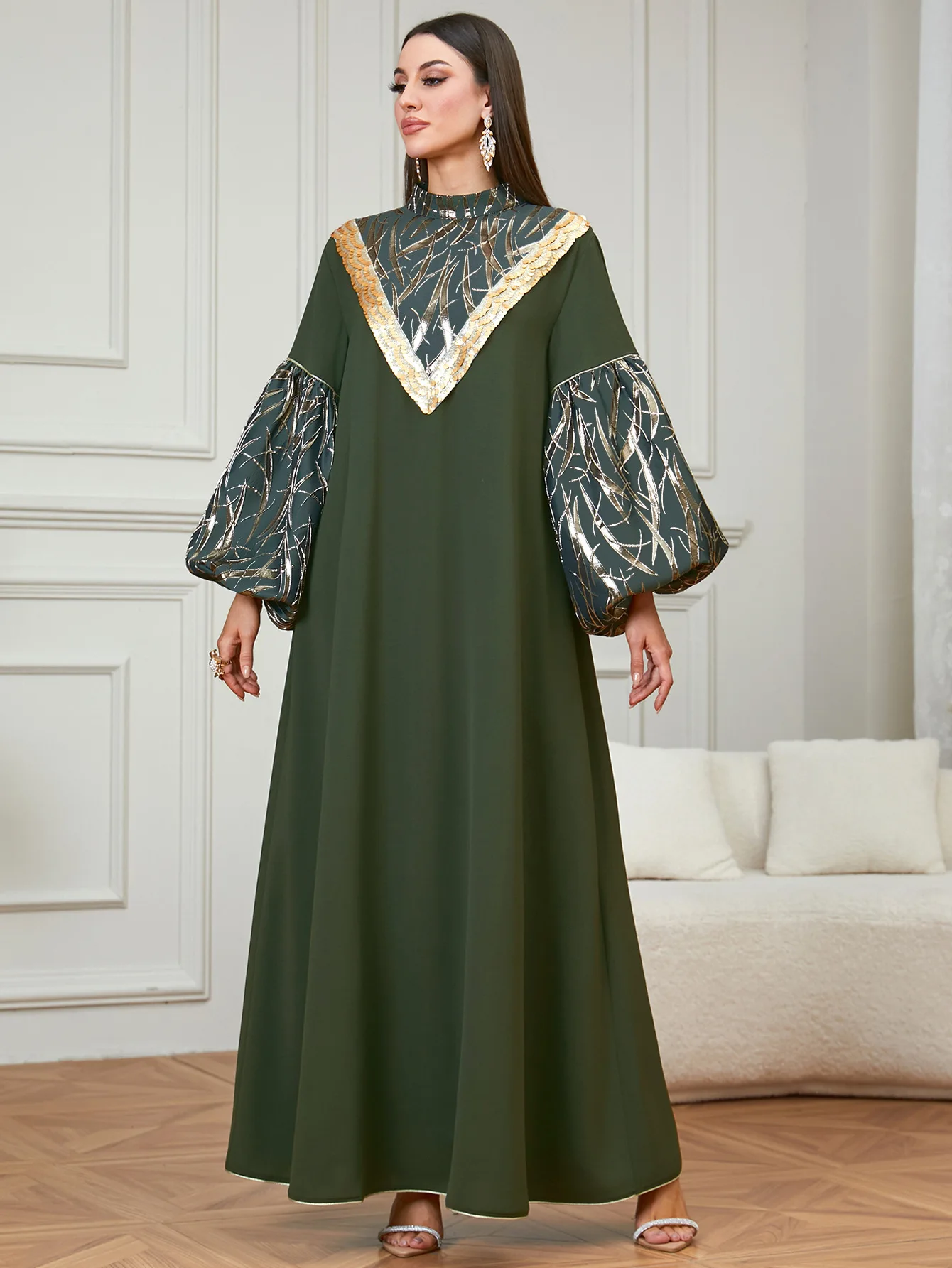 

Dubai Ethnic Long Dress Women Puff Sleeve Sequins Robe Modest Party Gown Islam Clothing Morocco Turkey Musulmane Femme Vestidos