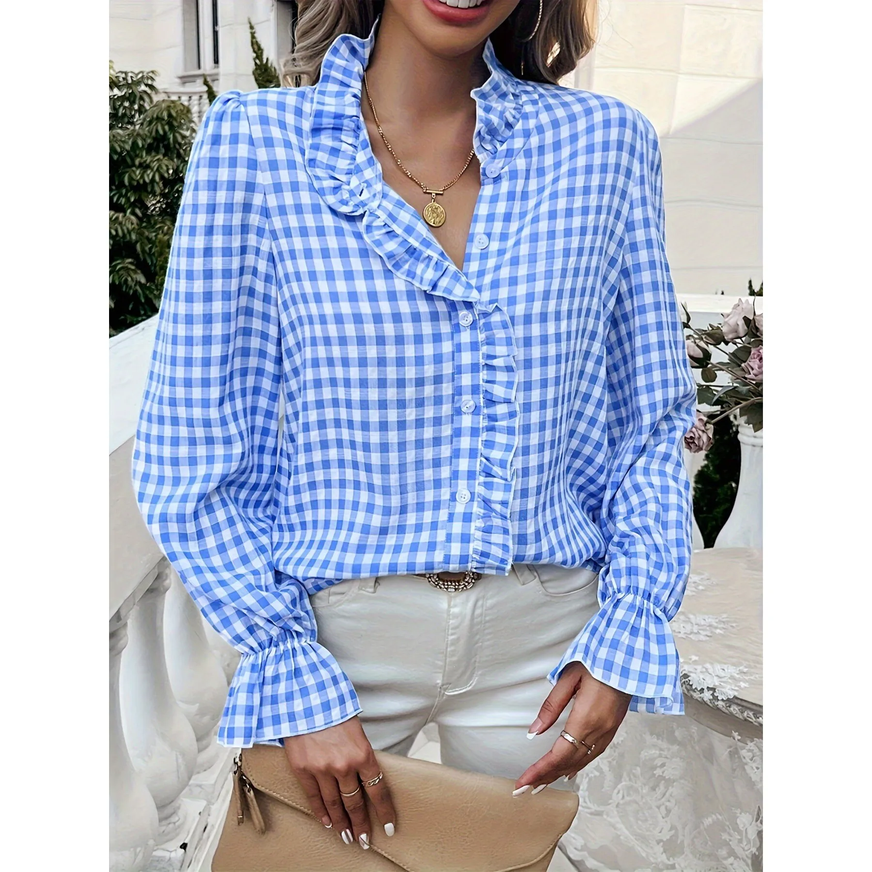 

Women's Lace Collar Shirt Stand-up Collar Flounce Hem Shirt Spring 2026 Non-deformable Princess Sleeve No-sleeve Other Materi...