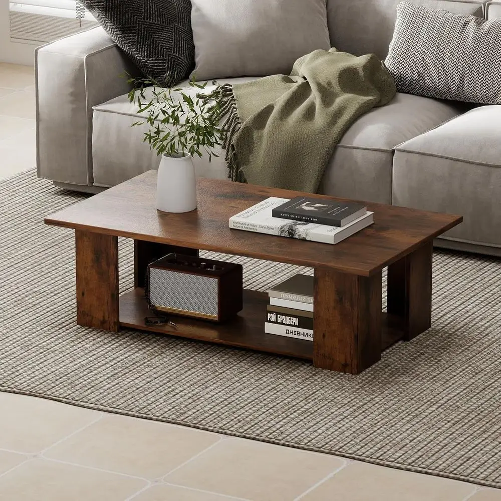 

41 Large 2-Tier Wooden End Table with Open Storage, Easy Assembly, Ideal for Living or Dining Room, Rustic Brown