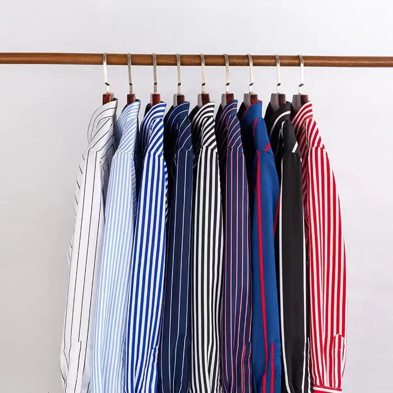 Camisa de manga comprida listrada masculina, combina tudo, slim fit, moda coreana, preta, estampa azul, sem ferro, casual, vestido de negócios