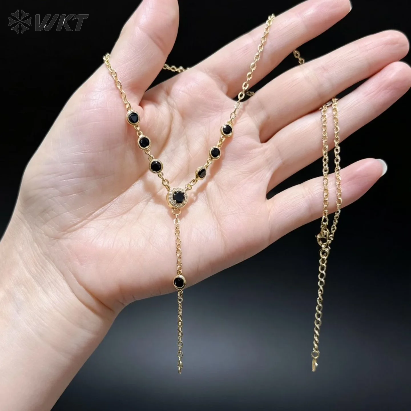 

WT-MN1005 Elegant Style Colored Round Zircon Beads Tassel Chain Necklace 40+5cm Extend Adjustable Women Accessories