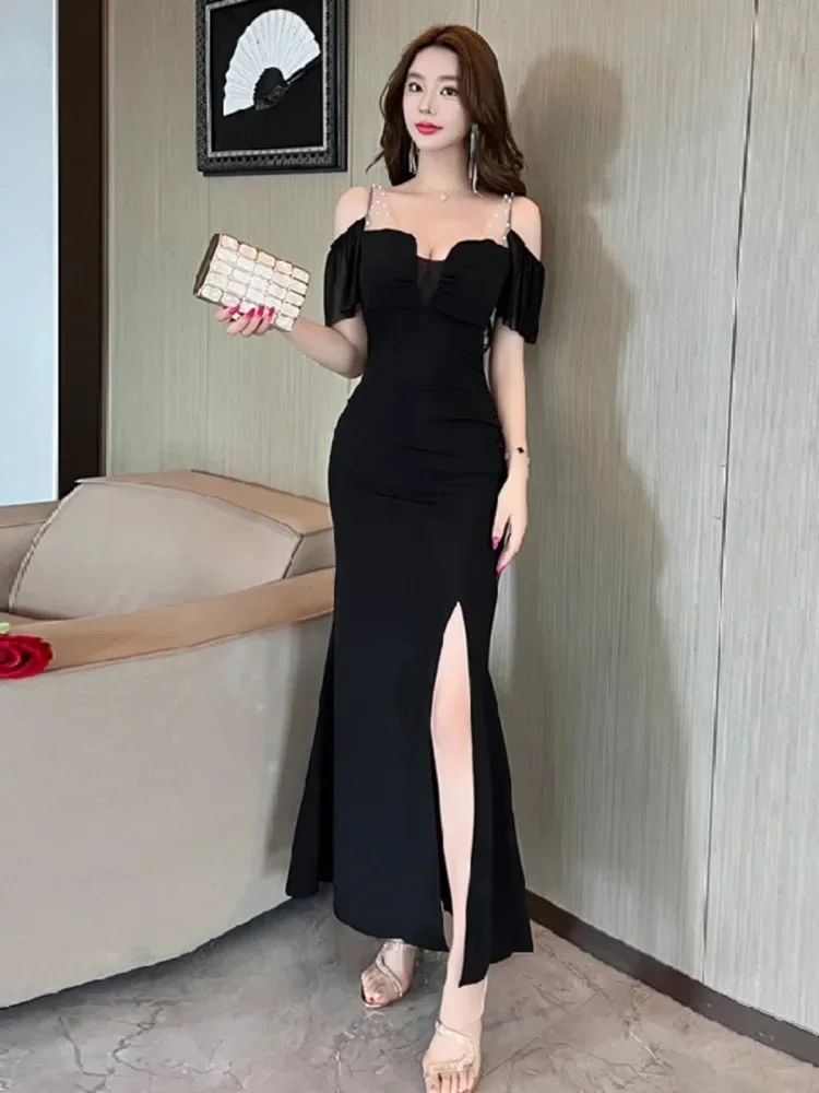 Topenomi-vestido de noche Sexy con hombros descubiertos para mujer, vestido largo francés elegante de cintura alta ajustado con abertura de sirena para fiesta de cóctel