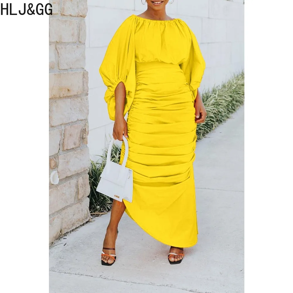 HLJ&GG Fashion Ruched Design Irregular Mid Dress Women Round Neck Lantern Sleeve Solid Color Slim Vestidos Elegant Lady Clothing