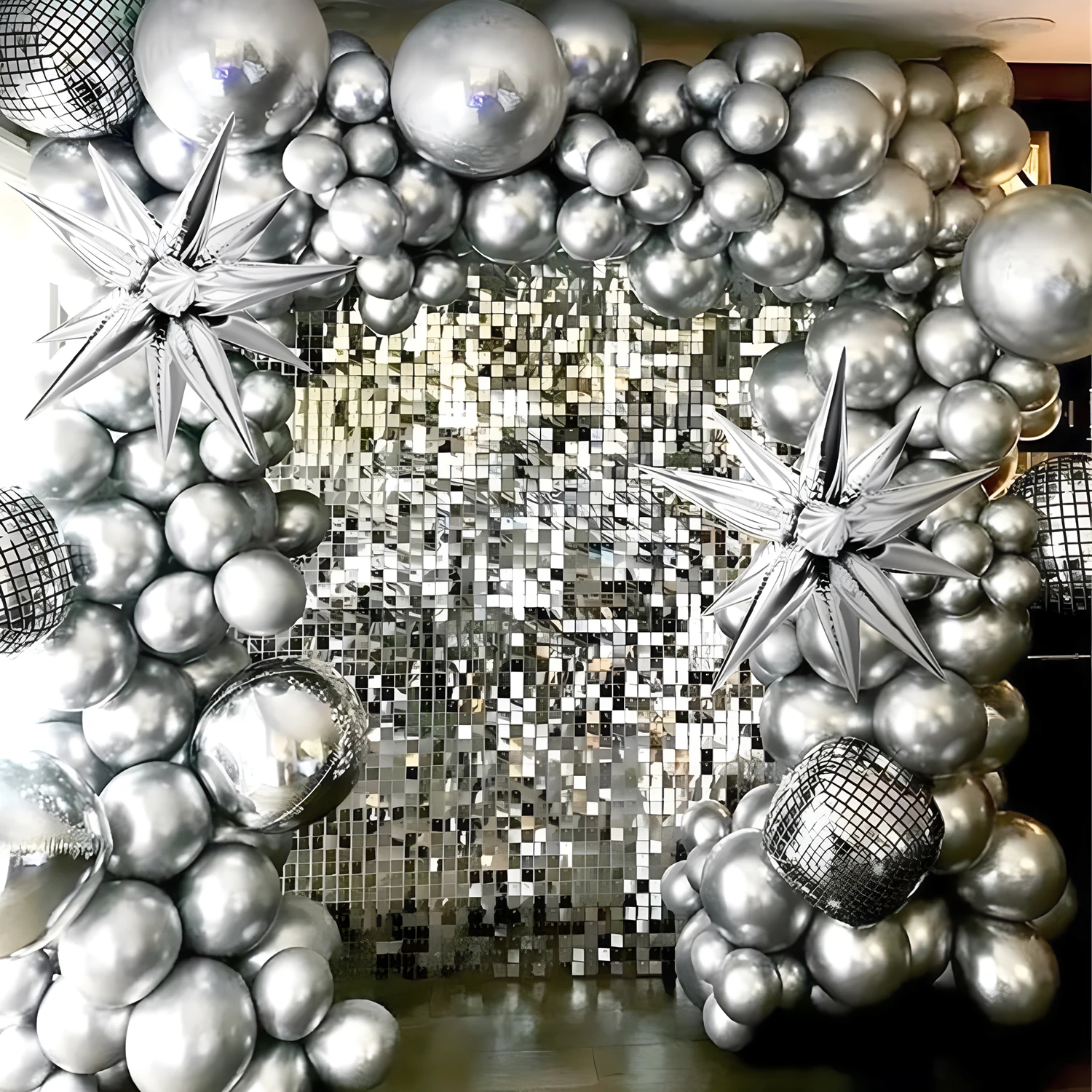 Metal Silver Party Balloon - Multi size latex set suitable for birthdays, weddings, and celebrations, Star Burst 4D Disco