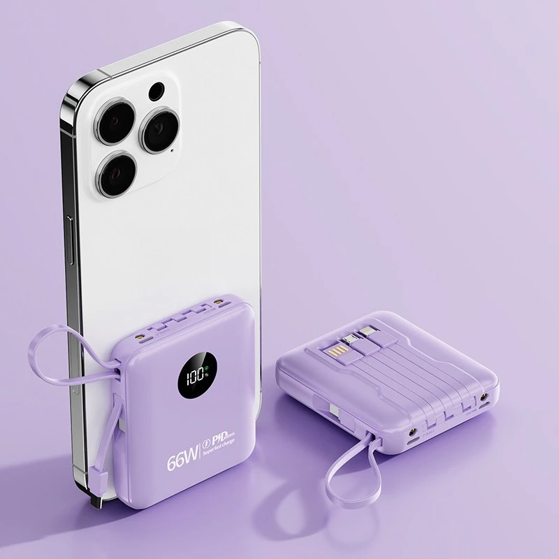 66W Super Fast Charge Mini Power Bank with Built-in Cable 20000mAh High Capacity Portable Charger
