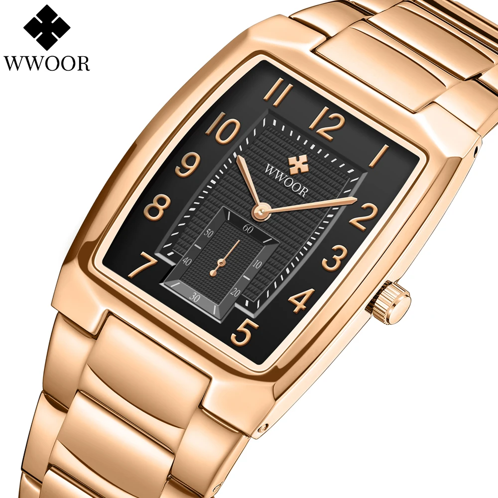 WWOOR Top Brand Men's Quartz Watches Luxury Business Waterproof Men Watches Stainless Steel Sport Square Clock Relogio Masculino