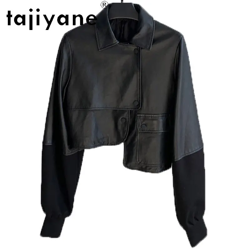 TAJIYANE Genuine Leather Jacket Women Irregular Splicing Sheepskin Motorcycle Jackets for Woman Lapel Coat Short Куртка Кожаная