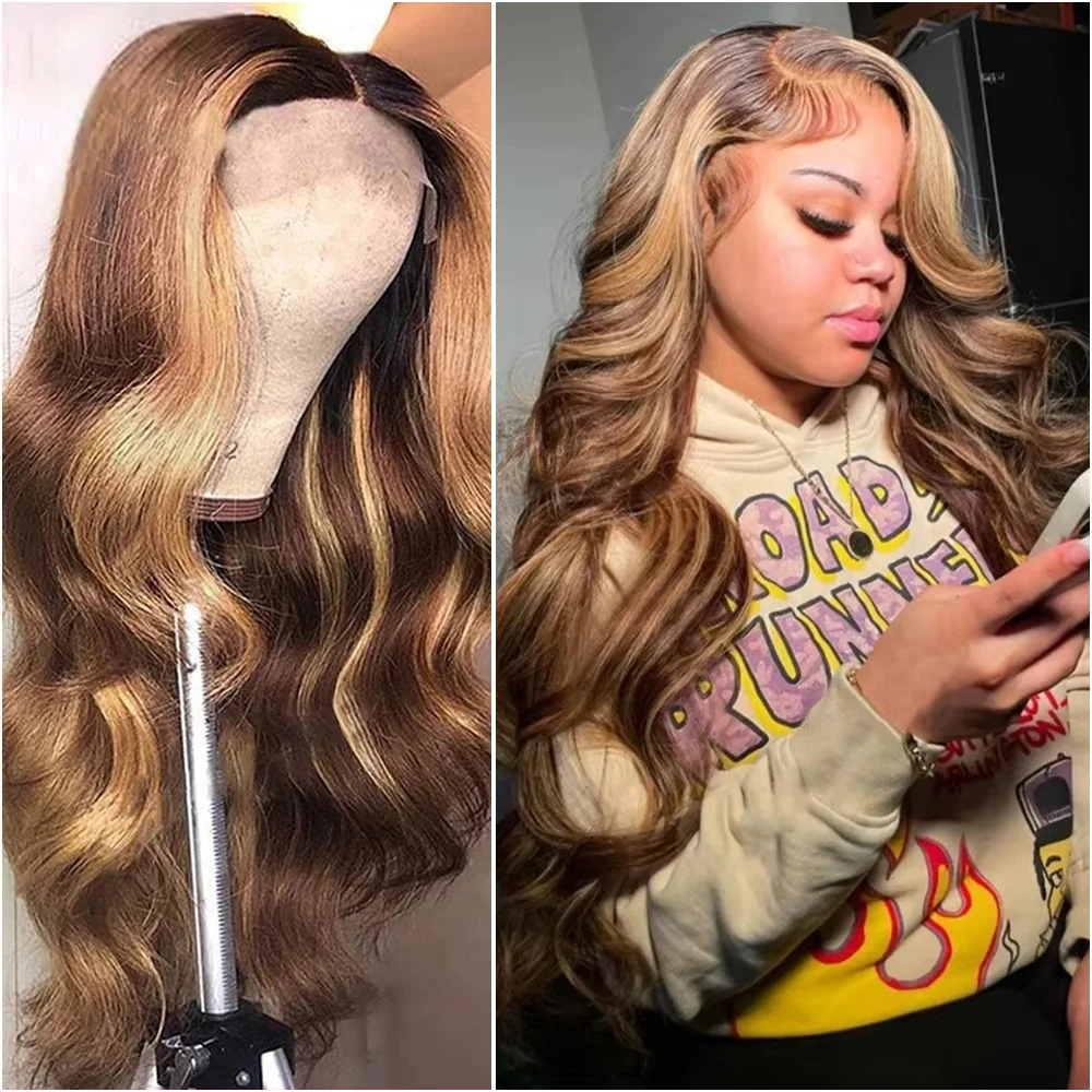 200% 4/24 하이라이트 바디 웨이브 레이스 프론탈 가발 13x6 HD 브라질리언 투명 36인치 프리 플러킹 100% 인모 레이스 프론트 가발