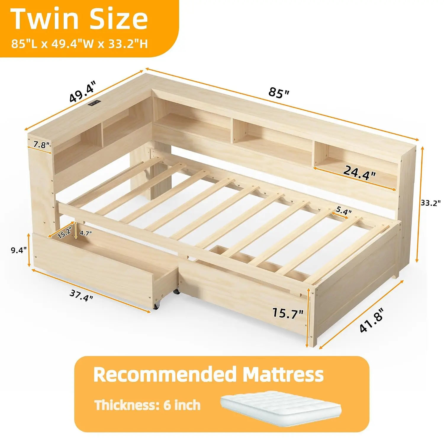 Solid Wood Twin Daybed with Storage Drawers Bookcase Charging Station & LED Lights for Kids Teens Bedroom, Customized