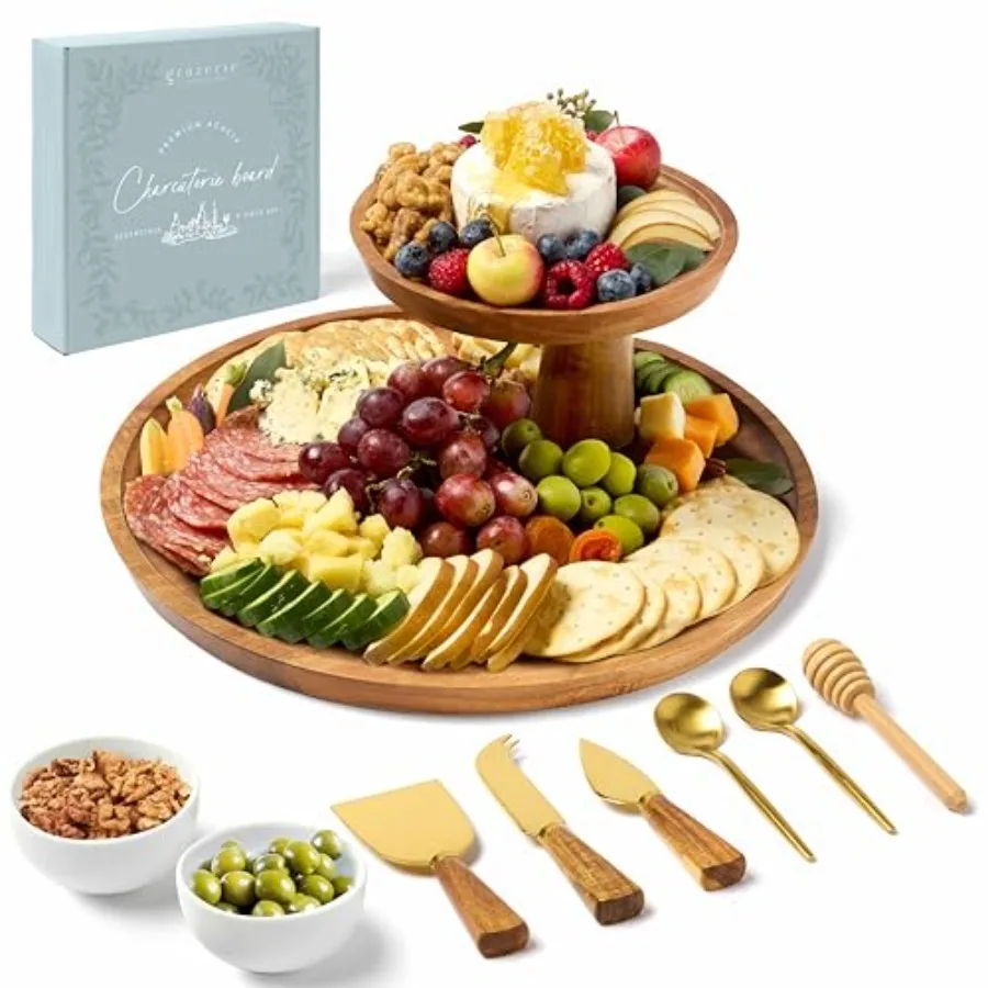 Charcuterie Board Set - Round Acacia Cheese Board Tiered Tray Stand with Accessories - House Warming Gifts for New Home Bridal