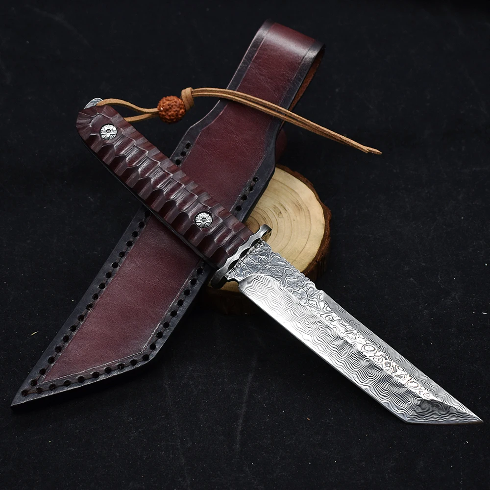 New Damascus Steel Tactical Military Straight Knife Fixed Knife Outdoor Camp Self-Defense Knife Jungle Life-Saving EDC Tool