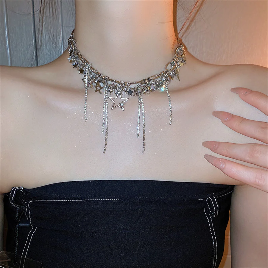 FYUAN Hollow Silver Color Star Choker Necklaces for Women Long Tassel Rhinestone Clavicle Chain Necklaces Statements Jewelry