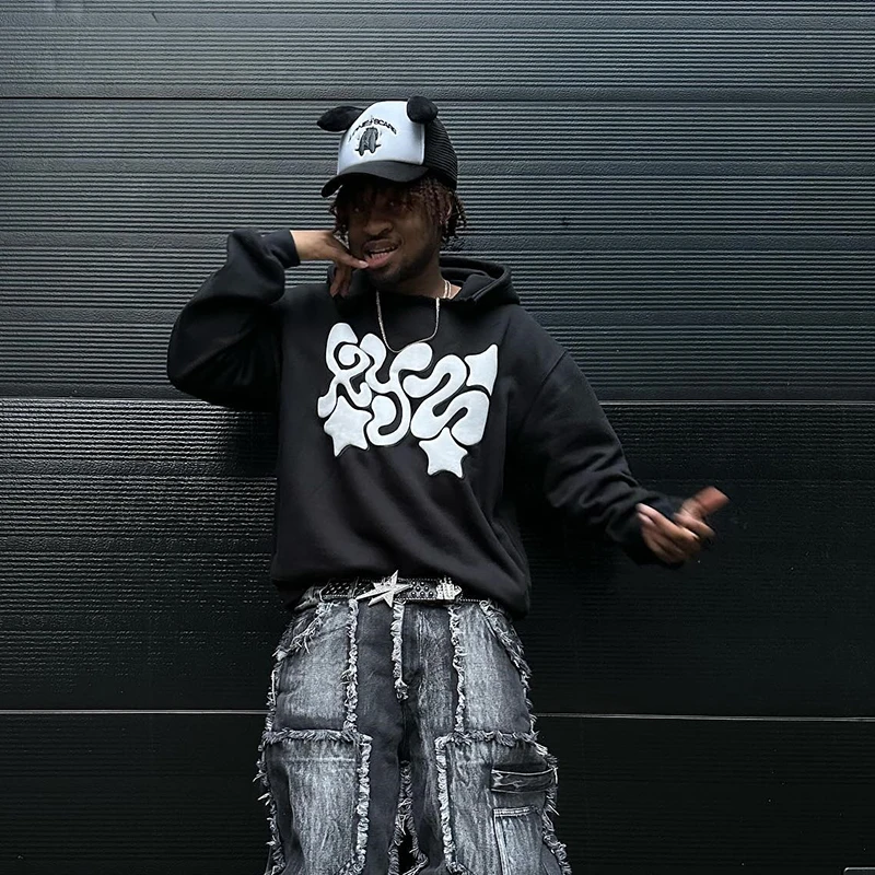 

Толстовка в стиле Харадзюку с надписью из пены, 2024, Классическая свободная повседневная одежда в европейском и американском стиле для мужчин и женщин, толстовка на молнии, y2k