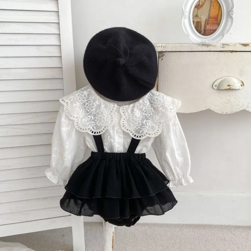 Newborn Baby Girl Cotton Clothes Set Blouse+Shorts Infant Toddler Lace Big Collar Shirt Overall Dress Spring Baby Clothes 6-24M