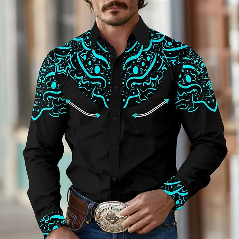 Geometric Retro Western Men's Shirt Outdoor Street Casual Daily Spring and Fall Lapel Long Sleeve S-5XL Stretch Fabric Shirts