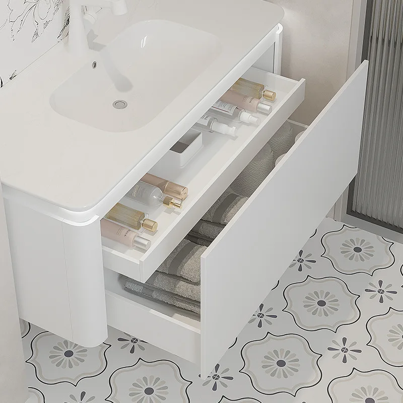 خزانة حمام من الخشب الصلب بتصميم كريمي أبيض وخالية من الطلاء، حوض متكامل من السيراميك، مرآة ذكية، حوض غسيل من الخشب الصلب متعدد الطبقات