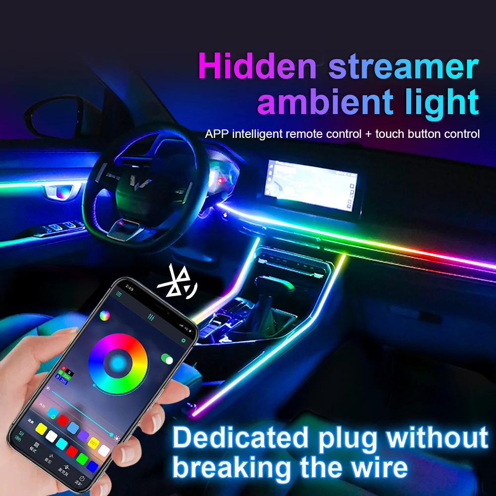 2 in 1 Full Color Streamer Car Ambient Lights RGB 64 Color Acrylic Strip Universal LED Interior Symphony Atmosphere Lamp By APP