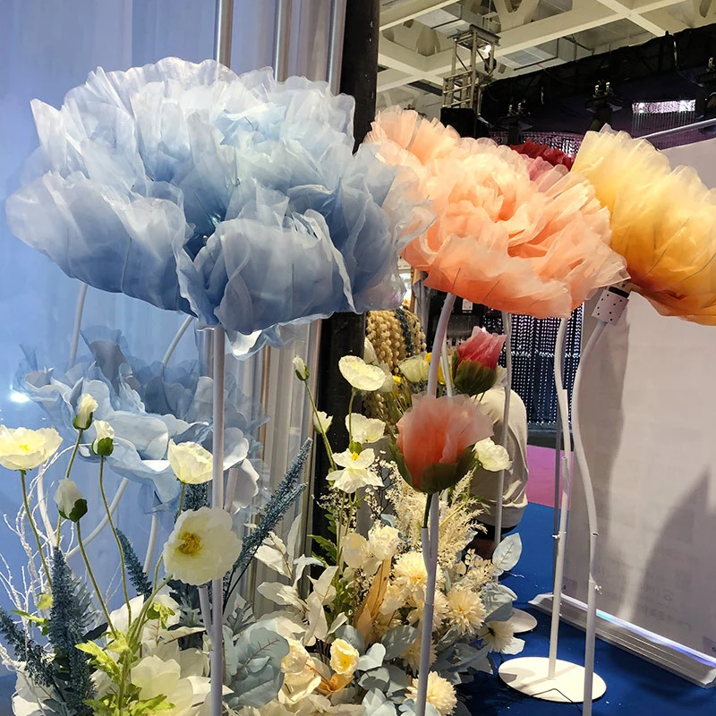 M1262 Tall Stand Automatic open close large organza flowers Wedding Automatic Giant Flower for decoration