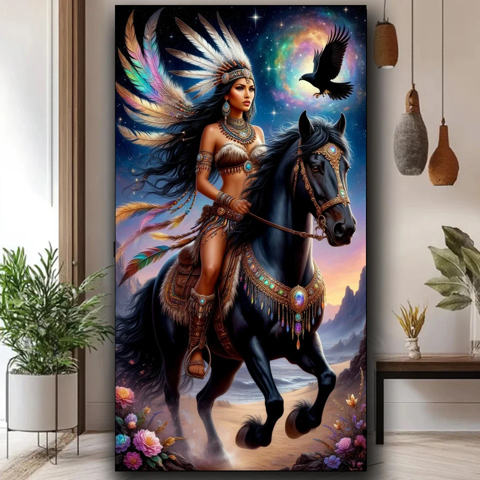 

Diamond Art Elegant Beautiful Feather Tribal Woman Horse Wall Art 5D Diamond Painting Big Size New Full Embroidery Cross Stitch