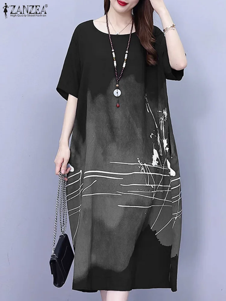 ZANZEA Vintage Ink Wash Print T-shirt Dresses Women Daily Casual Loose 2025 Summer Midi Robes Holiday O Neck A-line Vestidos