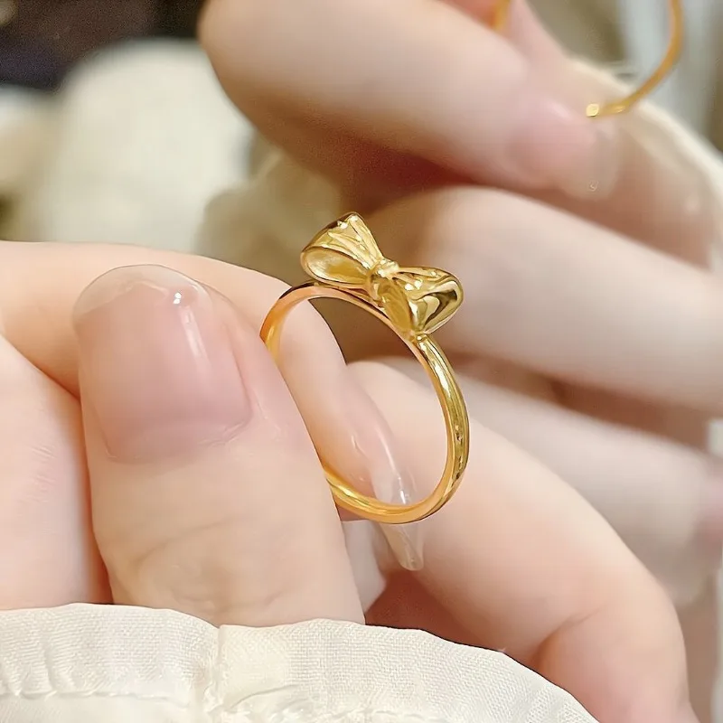 Exquisite Sweet Gold Color Stainless Steel Bowknot Index Finger Ring for Woman Jewelry Accessories Girlfriend's Gifts Colorfast