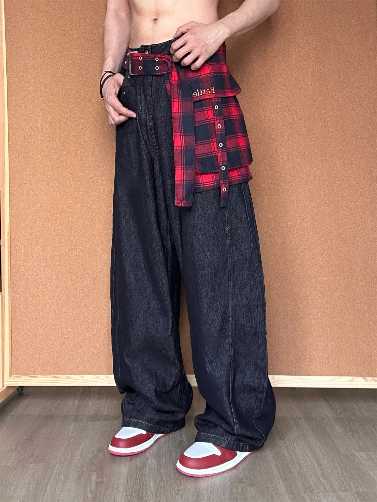 

Retro American Plaid Splicing Jeans Loose Wide Leg for Men And Women Casual Straight Cut Trousers Cotton Fabric Unisex