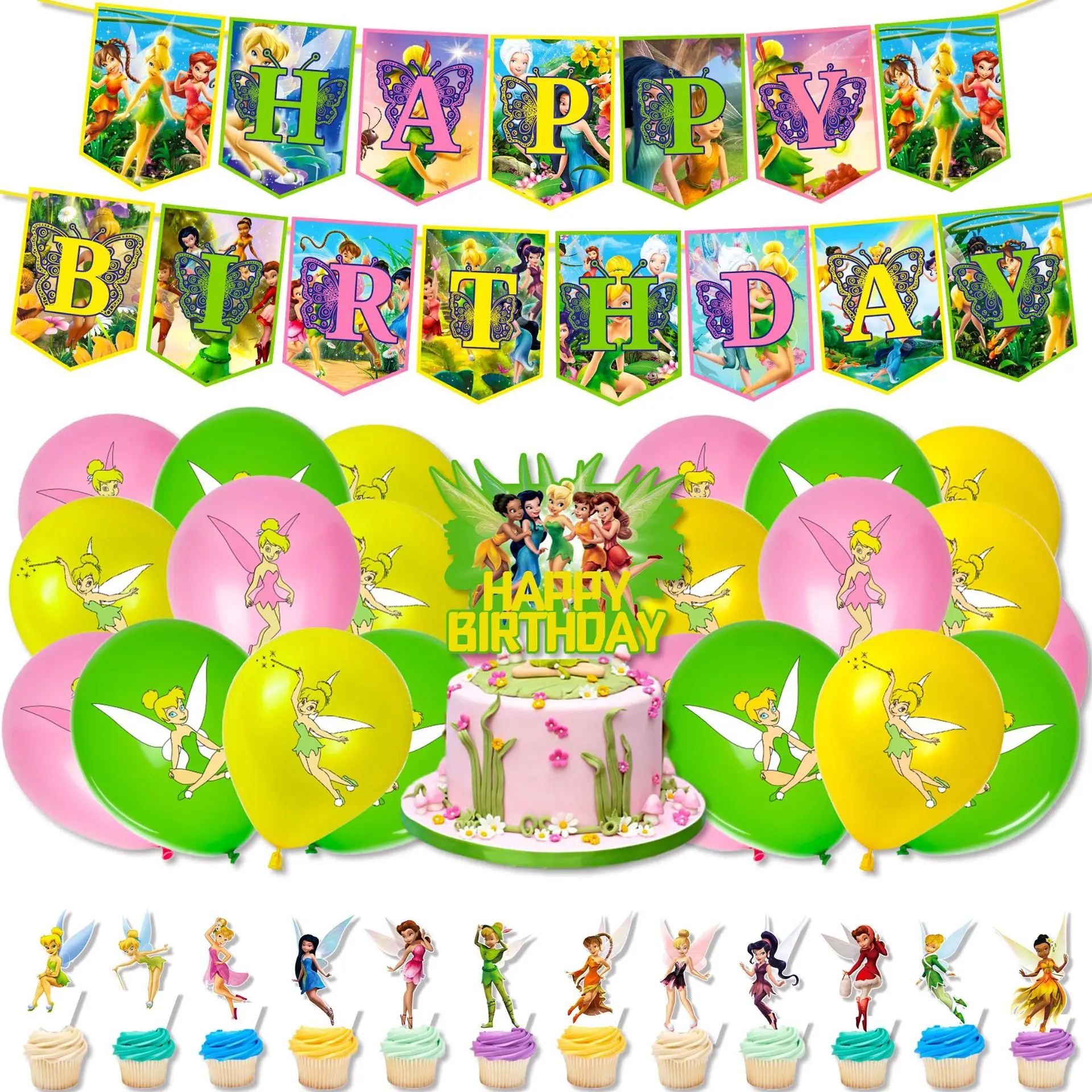 Disney Cartoon Little Fairy Tinker Bell Themed Birthday Party Supplies Latex Balloons Banner Cake Decorations Baby Shower Gift