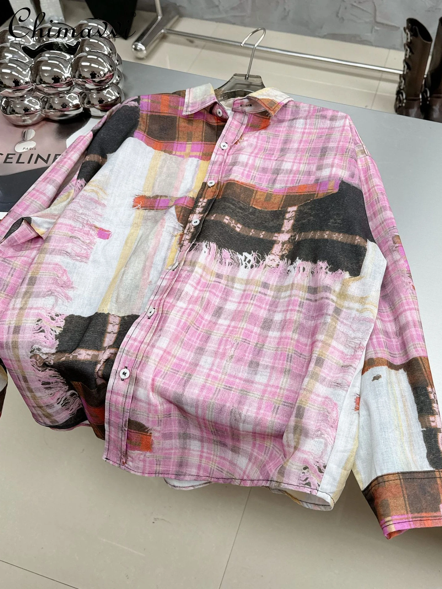 

2024 Spring New Fashion Pink Stitching Plaid Shirt Coat Casual Long Sleeve Distressed Printing Color Contrast Blouse Women's Top