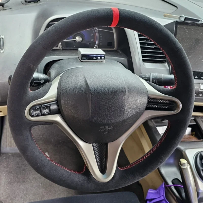 Car Steering Wheel Cover Hand-stitched Genuine Leather Suede For Honda Civic Civic 8 2006 2007 2008 2009 2010 2011 (3-Spoke)