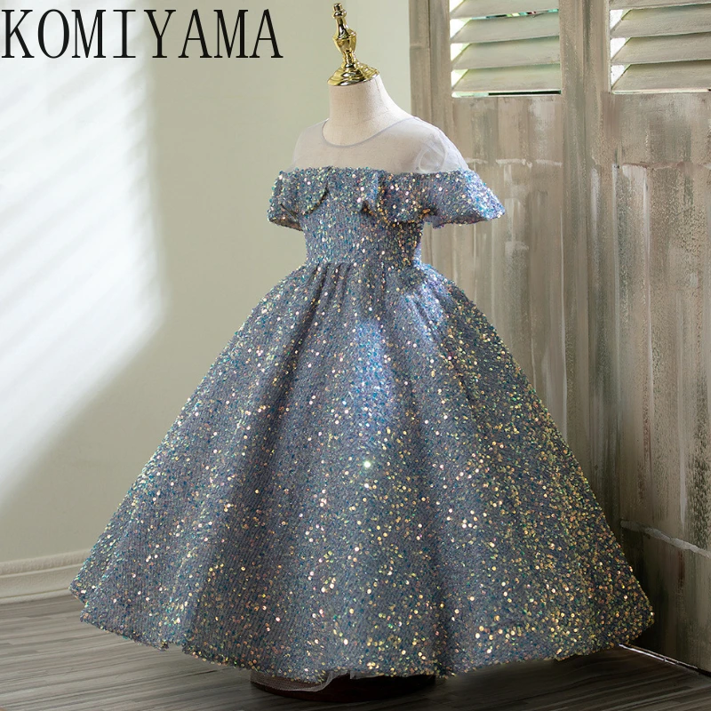 Vestido de actuación de moda con lentejuelas y temperamento elegante personalizado, vestidos de flores con volantes en cascada para niña, vestido de baile de princesa para niña