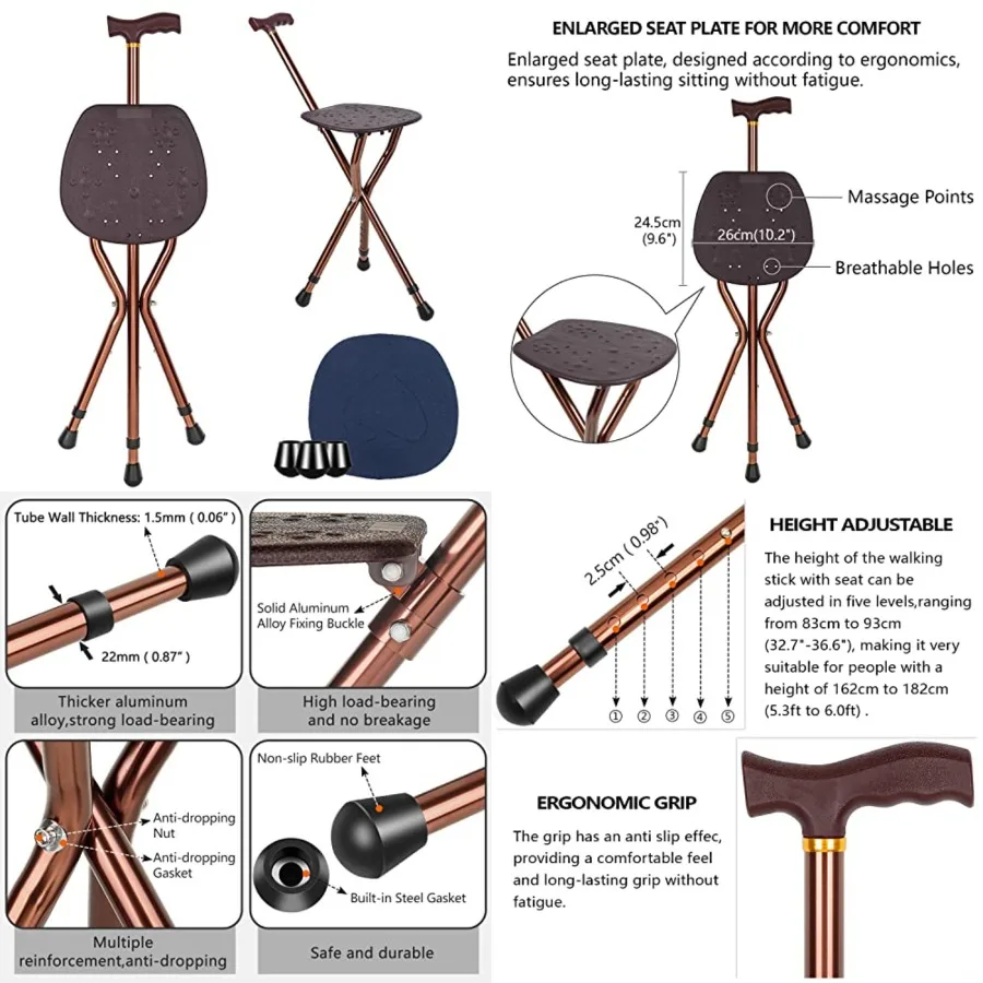 

Cane with Seat for Men 265 lbs Capacity, Large Seat Board Height Adjustable Foldable Walking Cane with Seat, Cane and Chair Dua