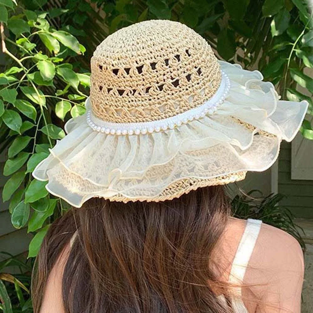 

Beige Portable Lace Pearls Sun Cap Breathable Hollow Out Straw Weaving Beach Hat Thin French Style Big Brimmed Woven Cap Summer